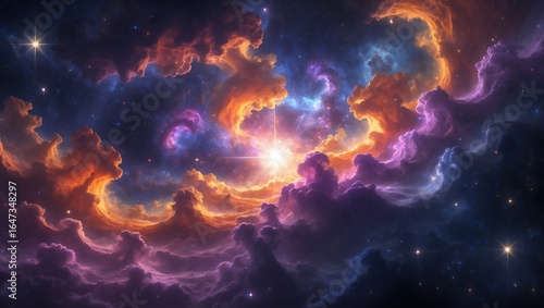 Vibrant Celestial Tapestry A Digital Painting of Cosmic Clouds and Radiant Light