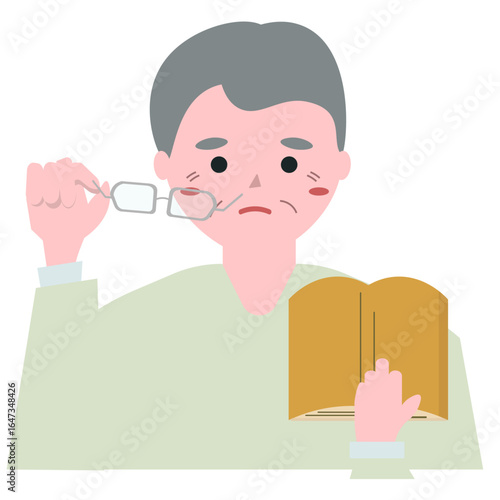 本が見えづらい老眼のおじいちゃん。ベクターイラスト