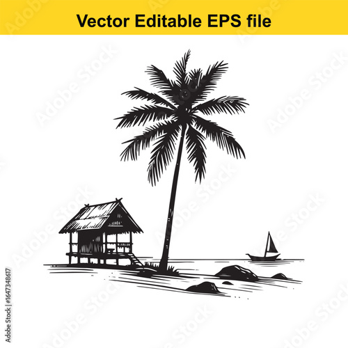 Island, beach, palm tropical beach with palm tree, hut, and sailboat, isolated on white background