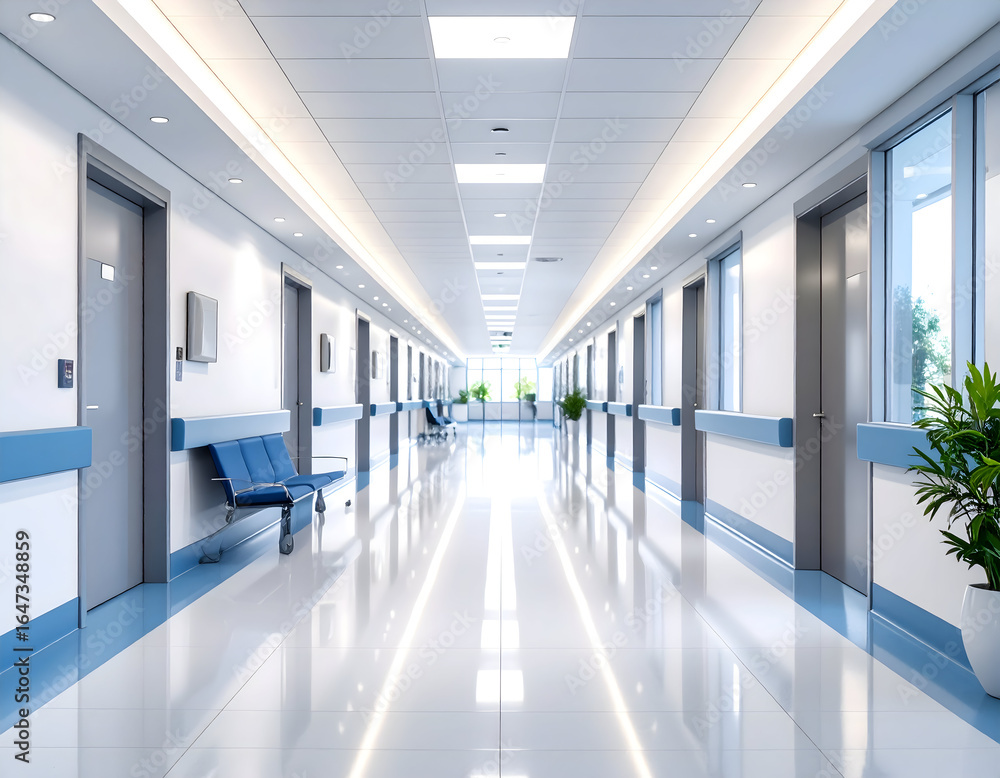 Fototapeta premium Modern Hospital Corridor Interior Design Clean, Bright, and Sterile