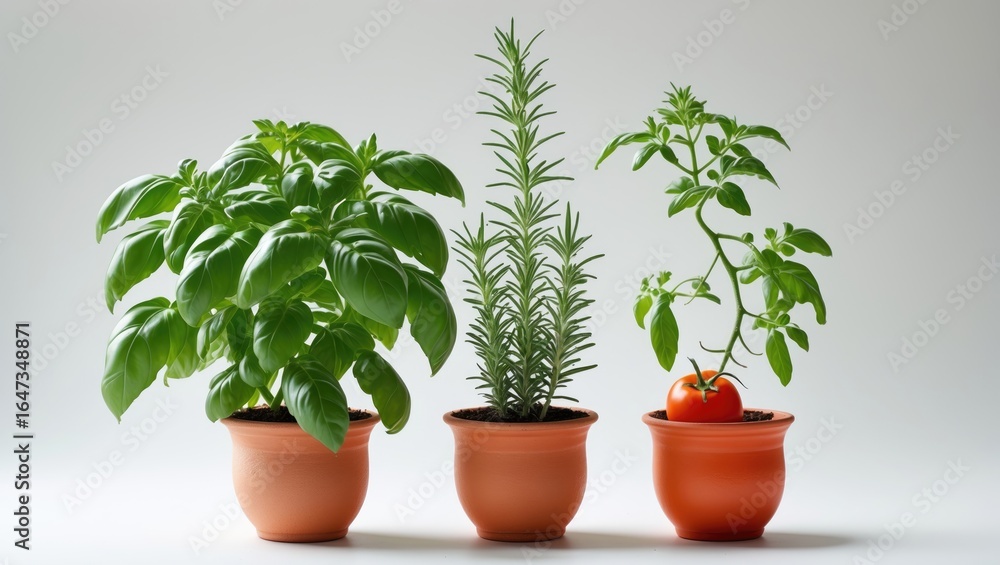 Obraz premium Three potted plants, including basil, rosemary, and tomato, are displayed against a neutral background.