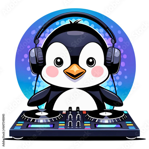 Cute cartoon penguin wearing headphones and mixing music on a dj turntable setup with colorful lights