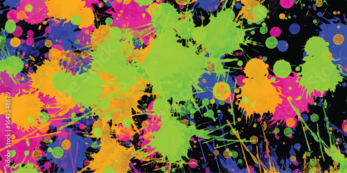 Abstract splatter paint background in bright vibrant colors artistic and creative design on a black backdrop for graphic design and artistic expression
