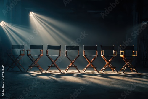Row of Director's Chairs Under Stage Lights in Dark Room