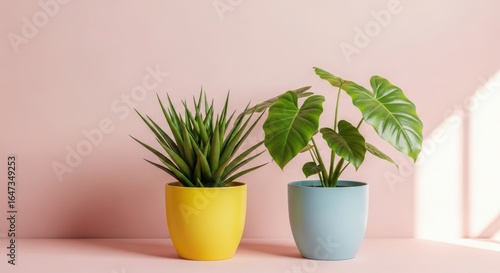 Indoor Plants in Colorful Pots against a Pastel Pink Background Adding Natural Beauty to a Home Office or Living Space
