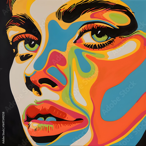 A fluid, psychedelic-style abstract portrait with soft curves and flowing color patterns. The harmonious blend of warm and cool tones creates a dreamy, modern interpretation of facial form and artisti