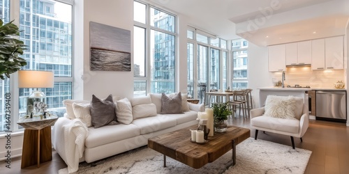 Bright open-concept living room with oversized windows and modern canvas art