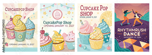 Colorful promotional posters for a cupcake shop and dance event, featuring vibrant designs and playful elements.