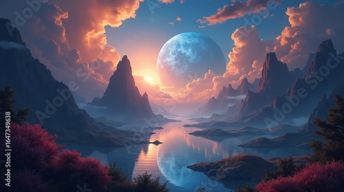 Serene Mountain Lake with Celestial Body at Sunset