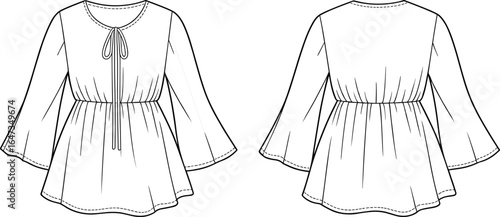 Long sleeve flared tunic top with waist gathering and front tie, women blouse fashion flat sketch, clothing technical drawing, cad drawing flat vector illustration

t
