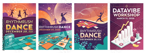 Vibrant illustrations for RhythmRush Dance and DataVibe Workshop events, featuring energetic themes and colorful designs.