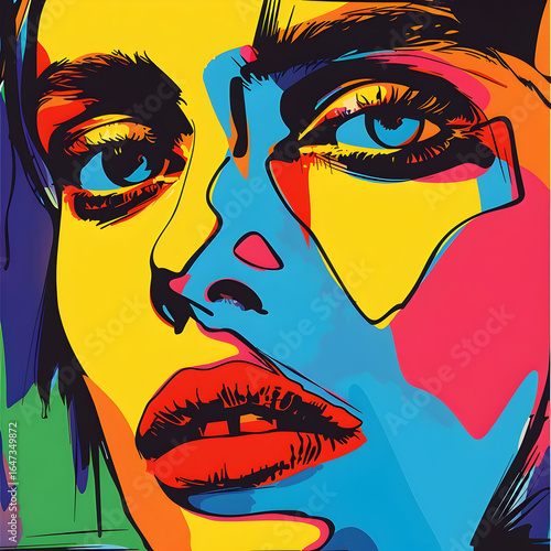 A clean and vibrant abstract portrait featuring smooth color transitions and bold contrasts. The composition highlights facial symmetry and expressive eyes, blending pop art and modern abstract illust