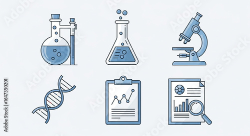 A clean vector icon pack — laboratory flasks, microscopes, genome sequencing, medical charts, research reports — professional minimal design with soft blue tones