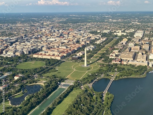Aerial view of the National Mall in Washington, DC, featuring the Washington Monument, Capitol Building, World War II Memorial, and Reflecting Pool.