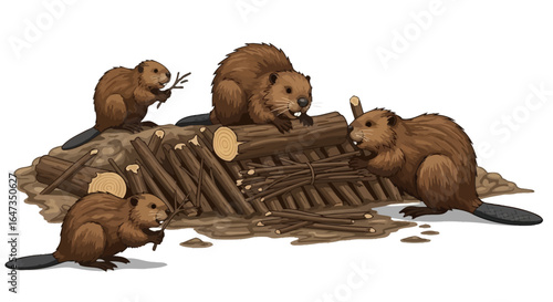 busy beavers building dam teamwork nature construction wildlife and environmental conservation illustration