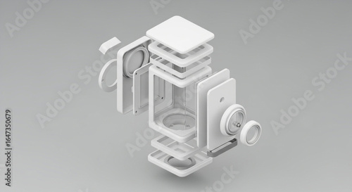 Exploded view of minimalist white product design showcasing components and assembly process details render