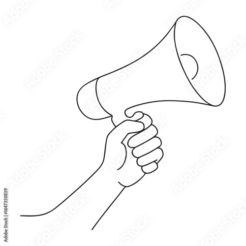 A human hand firmly gripping a megaphone stands out against a transparent backdrop