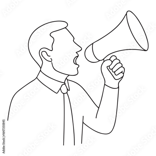 Outline shows a man speaking into a megaphone, isolated on white