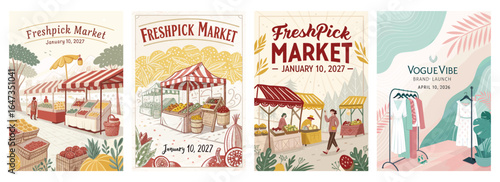 Colorful market posters displaying fresh produce and clothing brand launch, featuring warm hues and vibrant designs.