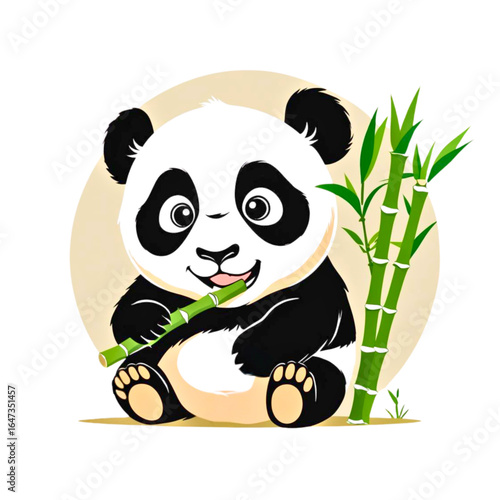Adorable cartoon panda cub sitting and happily eating a stalk of green bamboo with fresh leaves
