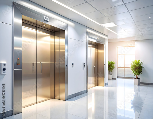 Modern elevator lobby with polished floors and bright lighting