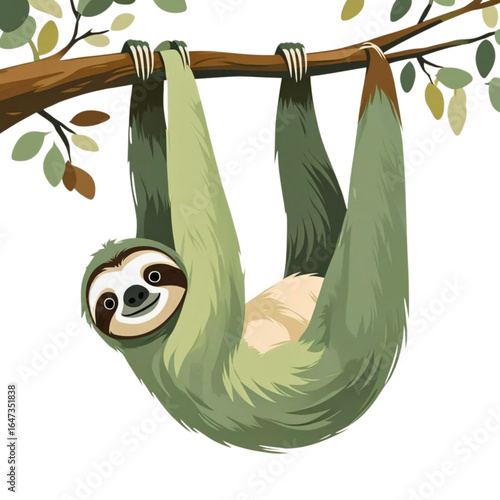 Charming cartoon sloth hanging upside down from a tree branch with green leaves