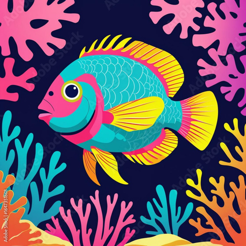 Vibrant tropical fish swims among colorful coral reefs in a deep blue ocean habitat
