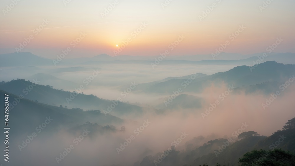Obraz premium Sunrise over misty mountains with clouds and fog obscuring the landscape. Nature and sunrise scene. Scenic and peaceful view of the mountains.
