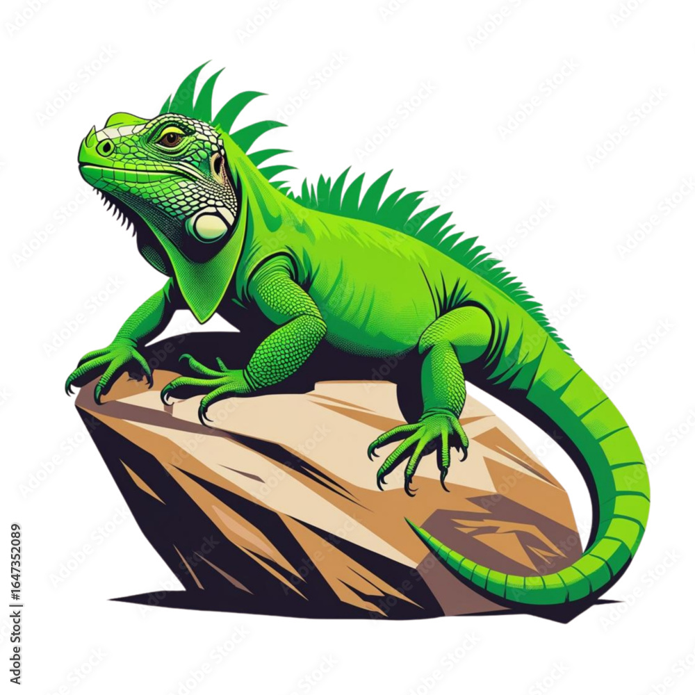 Obraz premium Vibrant green iguana with spiky crest perched on a textured rock formation detailed illustration