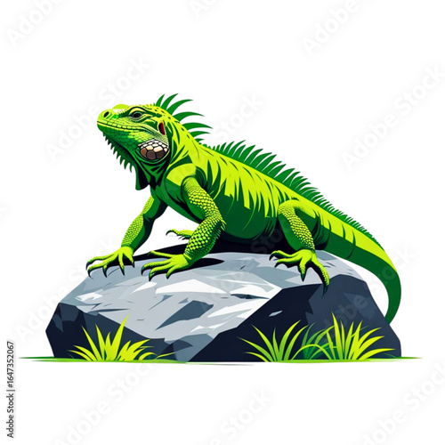 Vibrant green iguana perched on a textured gray rock with lush green grass elements