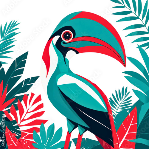 Stylized toucan with vibrant teal and red plumage surrounded by lush tropical foliage