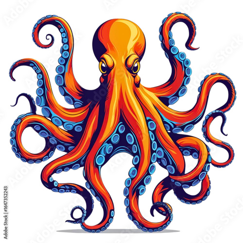 Vibrant illustration of a stylized octopus with swirling tentacles and bold blue suckers against a dark backdrop