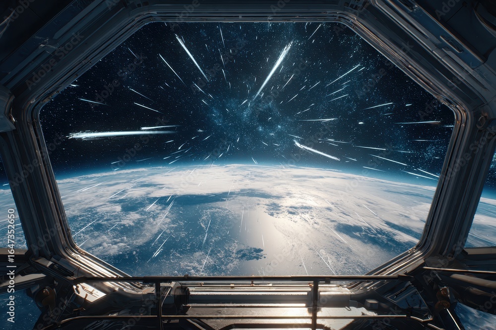 Naklejka premium Spaceship Window View: Earth, Stars, and Hyperspace Jump Effect