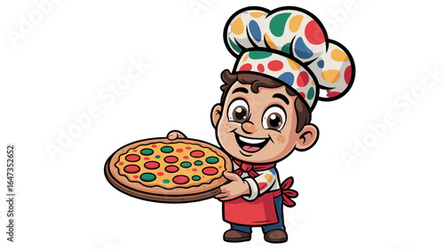 An adorable cartoon chef proudly presenting a fresh, delicious pizza.