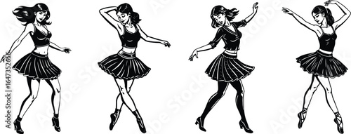 Female Dance Silhouette Set Sheet Vector: Elegant Poses in Motion for Performing Arts, Transparent Background