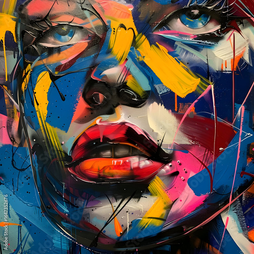 A vivid abstract portrait of a woman created with dynamic brushstrokes and splashes of bold colors. The expressive eyes and lips dominate the composition, conveying emotion, confidence, and artistic f