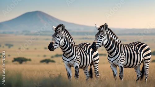 Two zebras standing in the wild with a mountain in the background. Nature and wildlife photography. African savannah landscape. The image of zebras in their natural habitat.