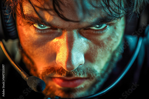 A male gamer with a concentrated expression is illuminated by a screen. He wears a gaming headset with a microphone during an intense competition