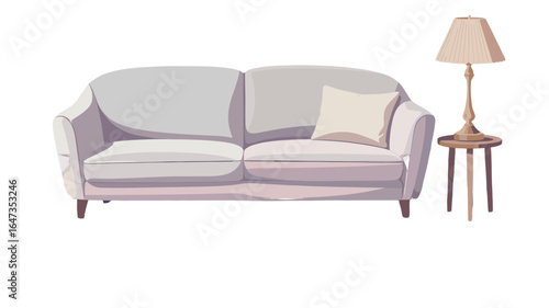 A cozy and inviting interior space with a sofa, lamp, and side table.
