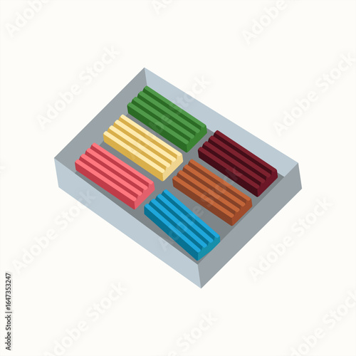 Plasticine set with colorful modeling bars in a box. For handmade crafts, DIY projects, kids activities, classroom materials, worksheets.