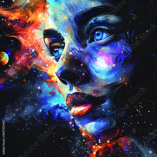 A luminous abstract portrait combining a human face with vibrant cosmic textures and glowing colors. The composition reflects emotion, mystery, and a fusion of human identity with universal energy.