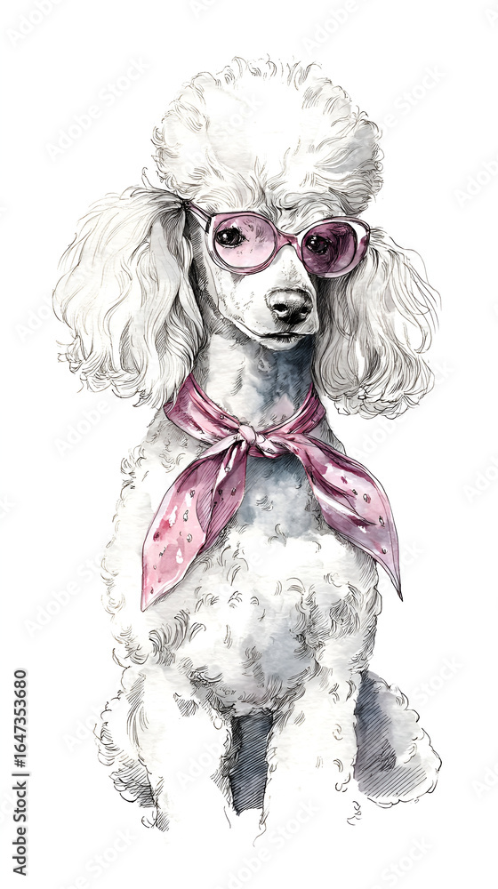 Fototapeta premium Poodle with pink glasses and scarf watercolor painting front view