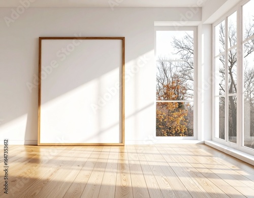 Sunlit empty room with a large blank wooden frame, hardwood floor, and a window view of autumn trees.