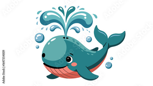 A charming illustration of a playful whale spouting water.