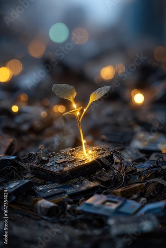 Sprout Growing from Circuit Board Amidst E-Waste, Bokeh Background