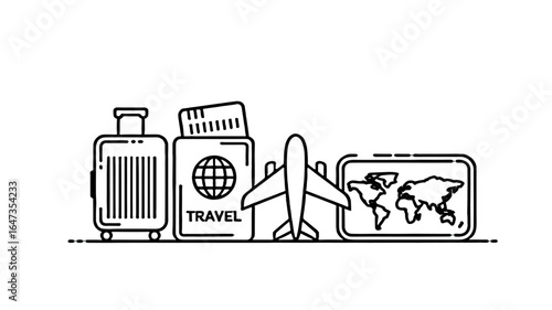 Journey essentials: Suitcase, Passport, Airplane, and Map.