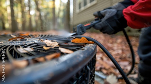 Fototapeta Naklejka Na Ścianę i Meble -  Seasonal HVAC Maintenance: Person Cleaning Outdoor Air Conditioning Unit with Pressure Washer in Autumn