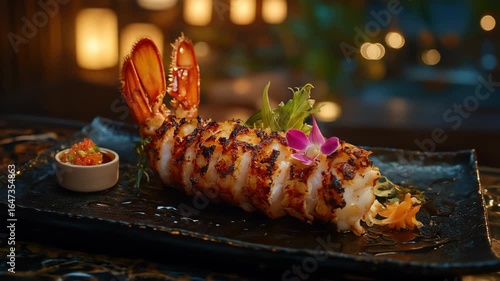 Grilled lobster tail on black plate, small caviar dish, orchid garnish