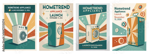 Retro-inspired promotional posters for a home appliance launch featuring vibrant designs and bold colors.