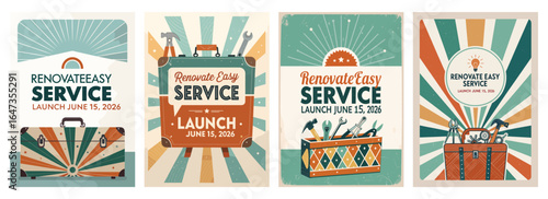 Vintage-style service launch promotional posters with tool graphics and vibrant colors.